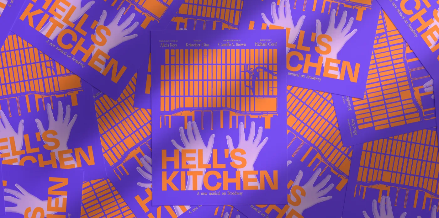 Hell's Kitchen Broadway musical poster illustration in purple and orange — illustration by Lizy Del Busto